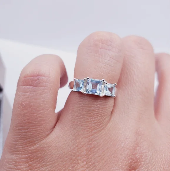 Genuine Sky Blue Topaz 925 Sterling Silver Past Present Future Ring